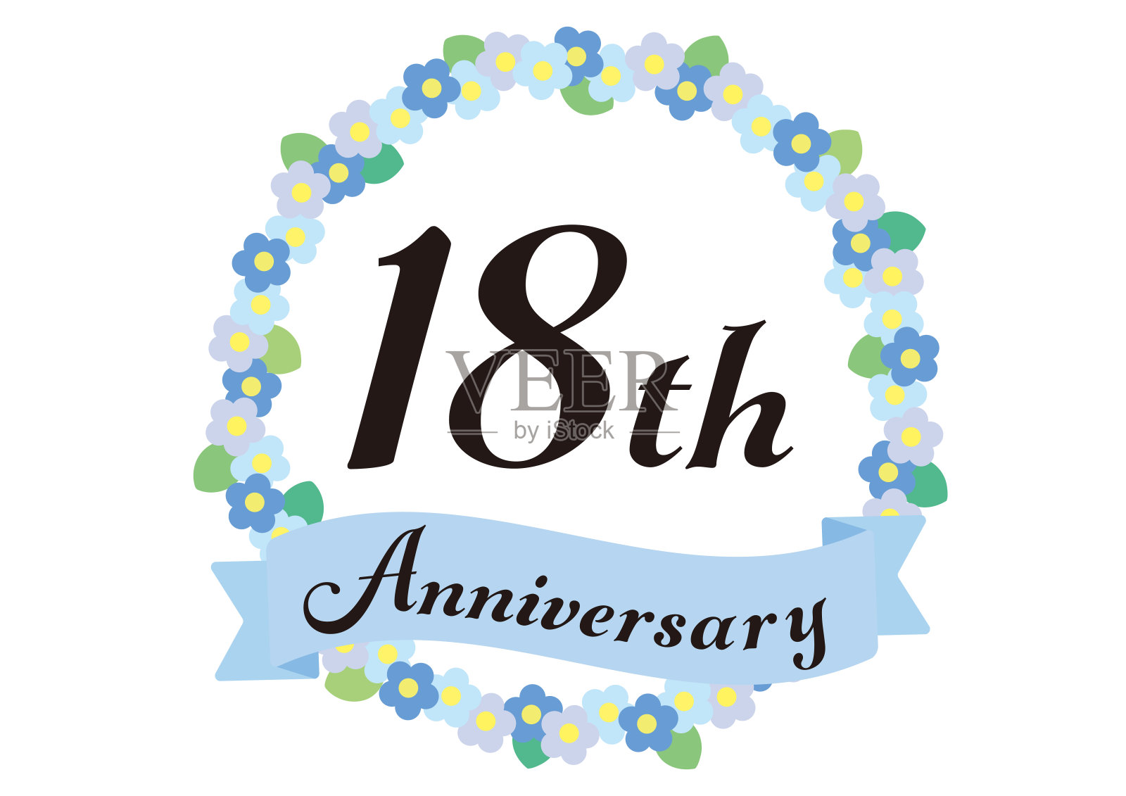 18周年纪念用蓝色的花装饰的框架插画图片素材
