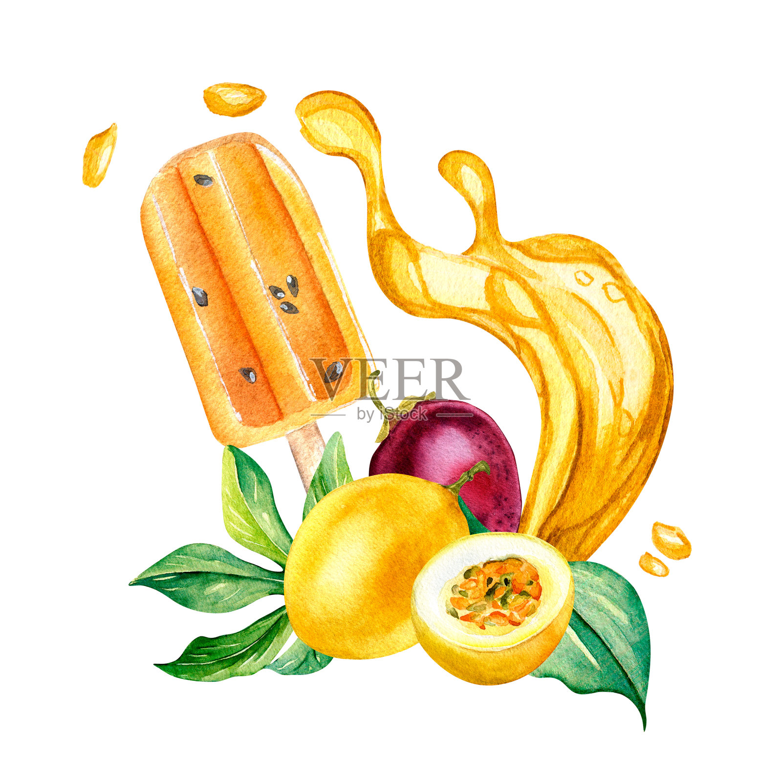 百香果冰淇淋和飞溅果汁水彩插图孤立在白色。插画图片素材