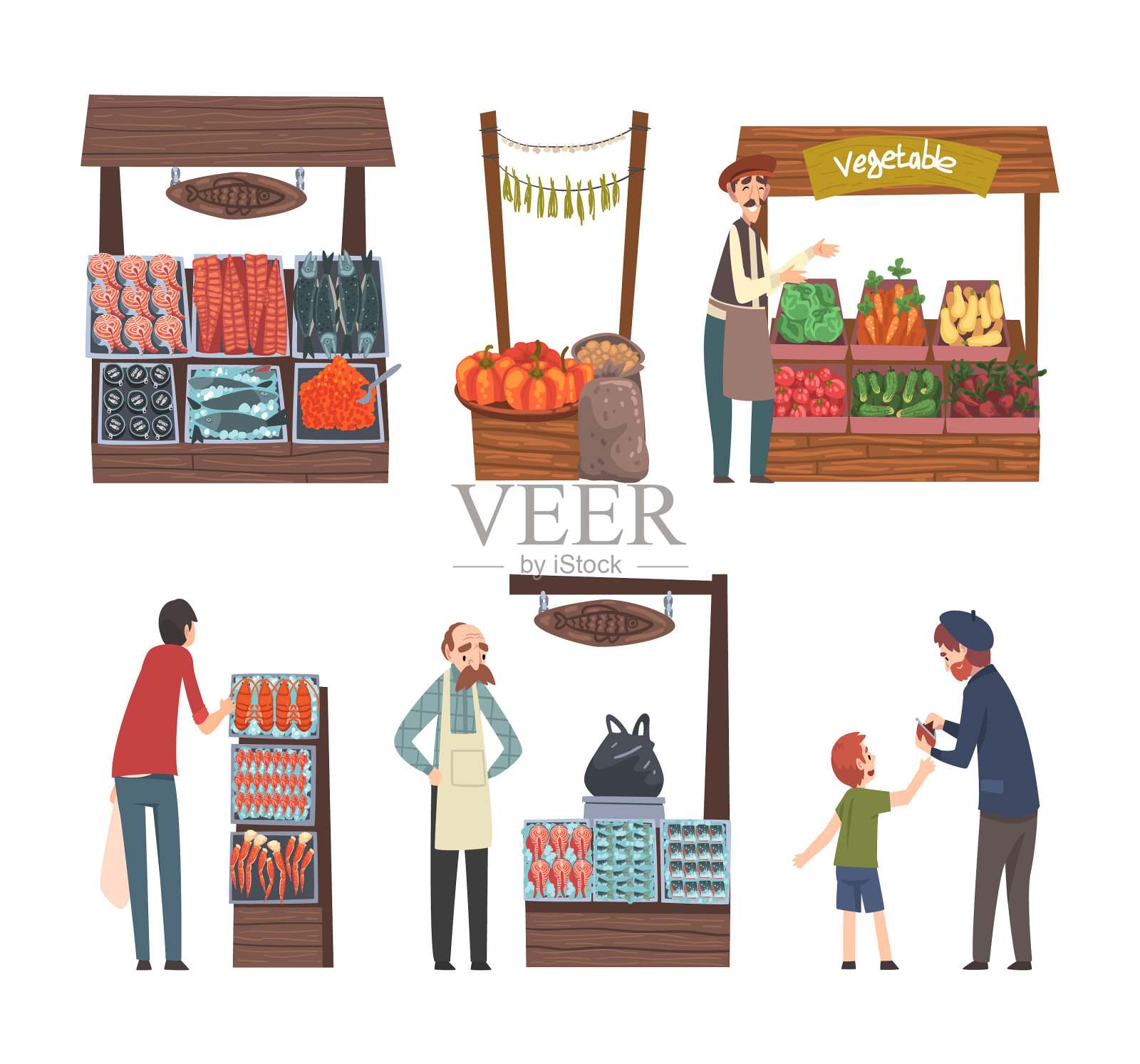 街市档位及售卖天然环保产品插画图片素材