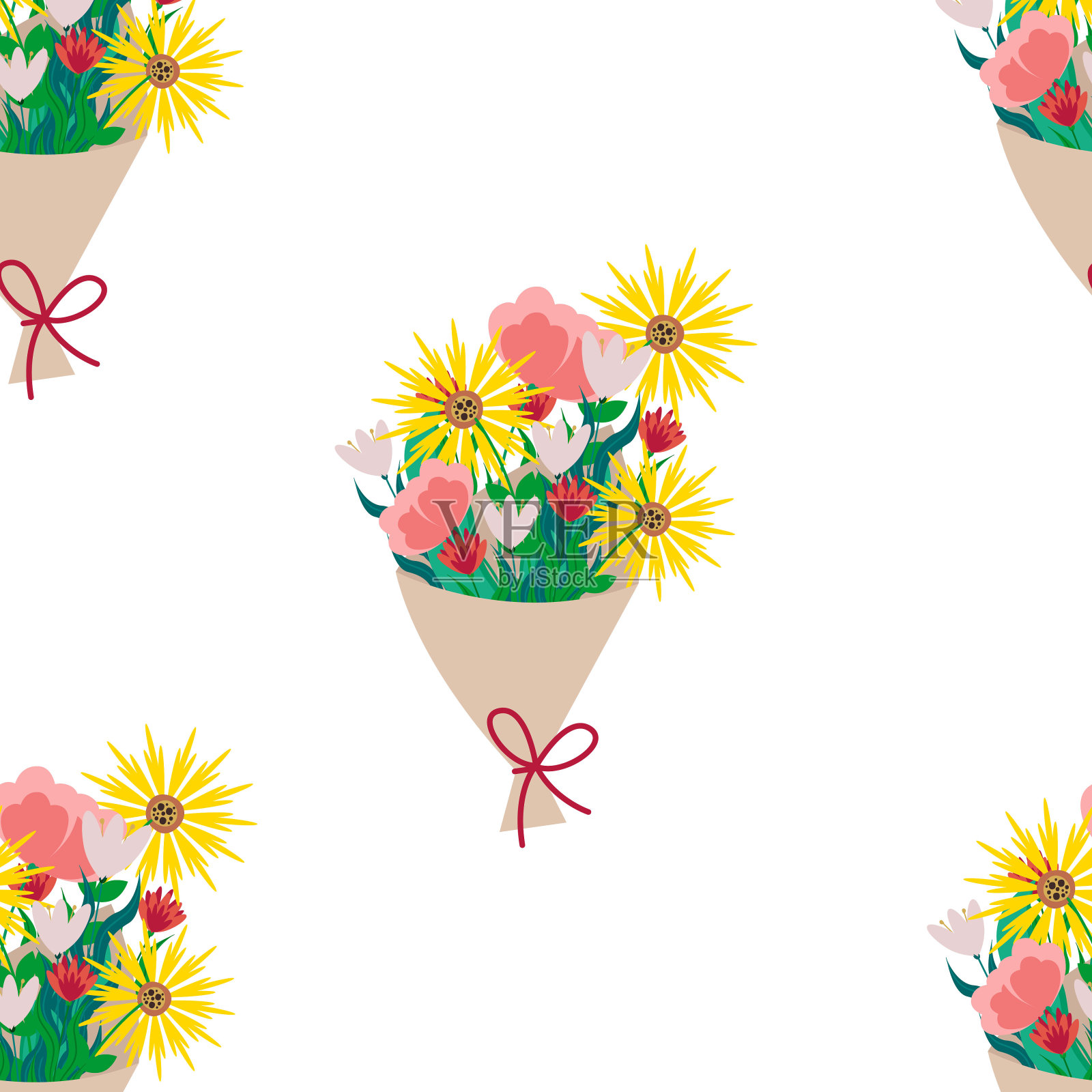 花束不同的花朵无缝的图案。矢量米色印花平面风格插画图片素材