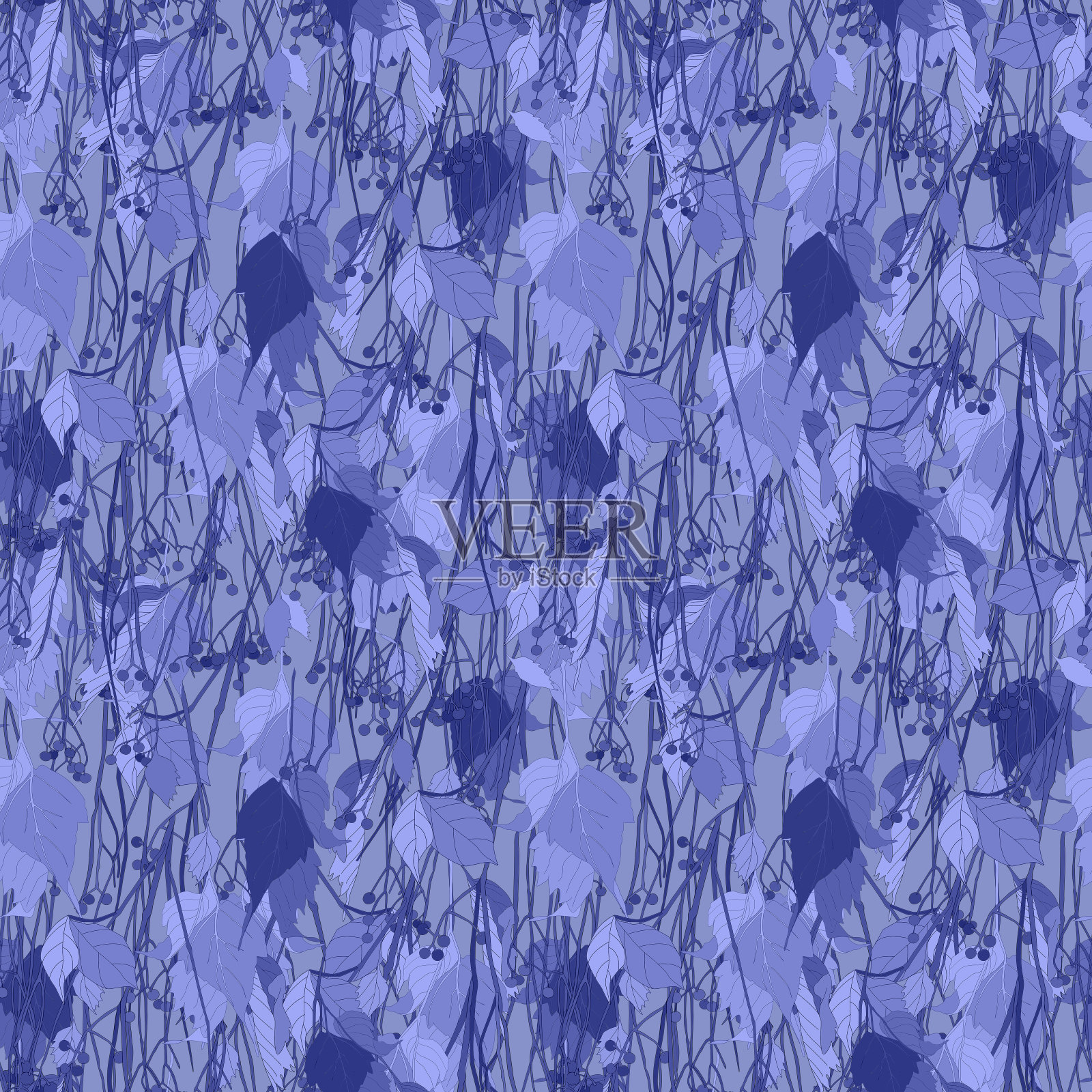 无缝模式与蓝色花卉图案的叶子和浆果。插画图片素材