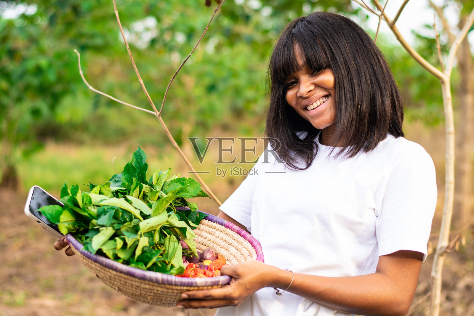 一个美丽的非洲妇女农民的肖像提着一篮子蔬菜照片摄影图片