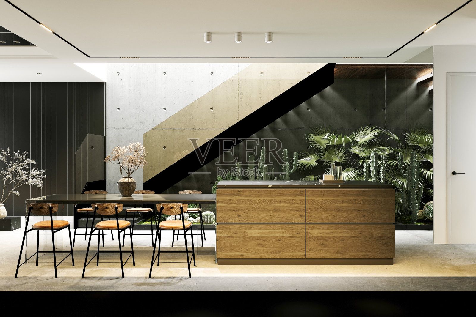 现代家居室内和餐饮空间的3d渲染照片摄影图片