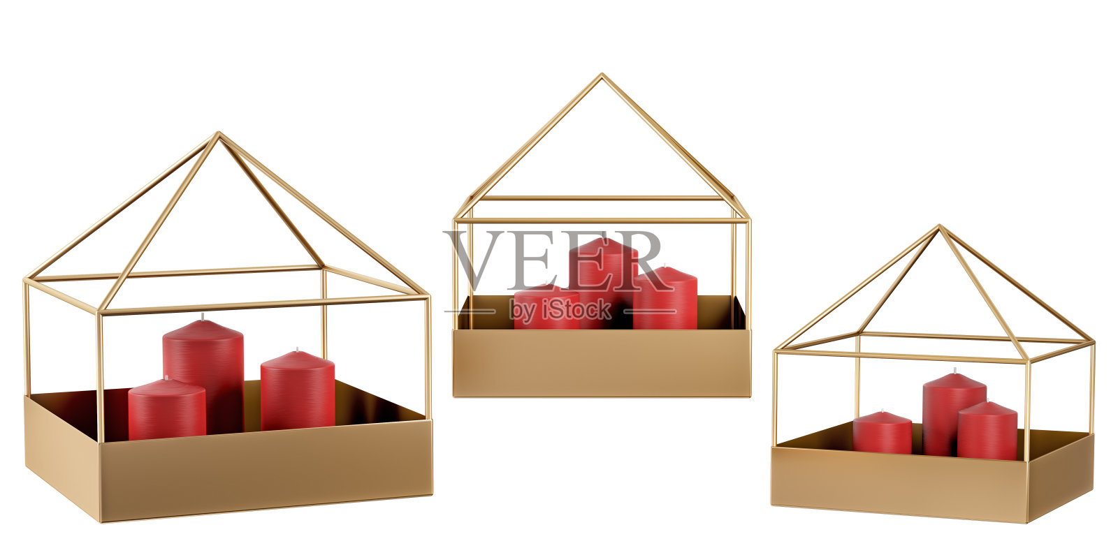 黄铜金属烛台，灯笼三支蜡烛。家居装饰和口音设置。家居装饰配件。孤立的内部对象。三维渲染照片摄影图片