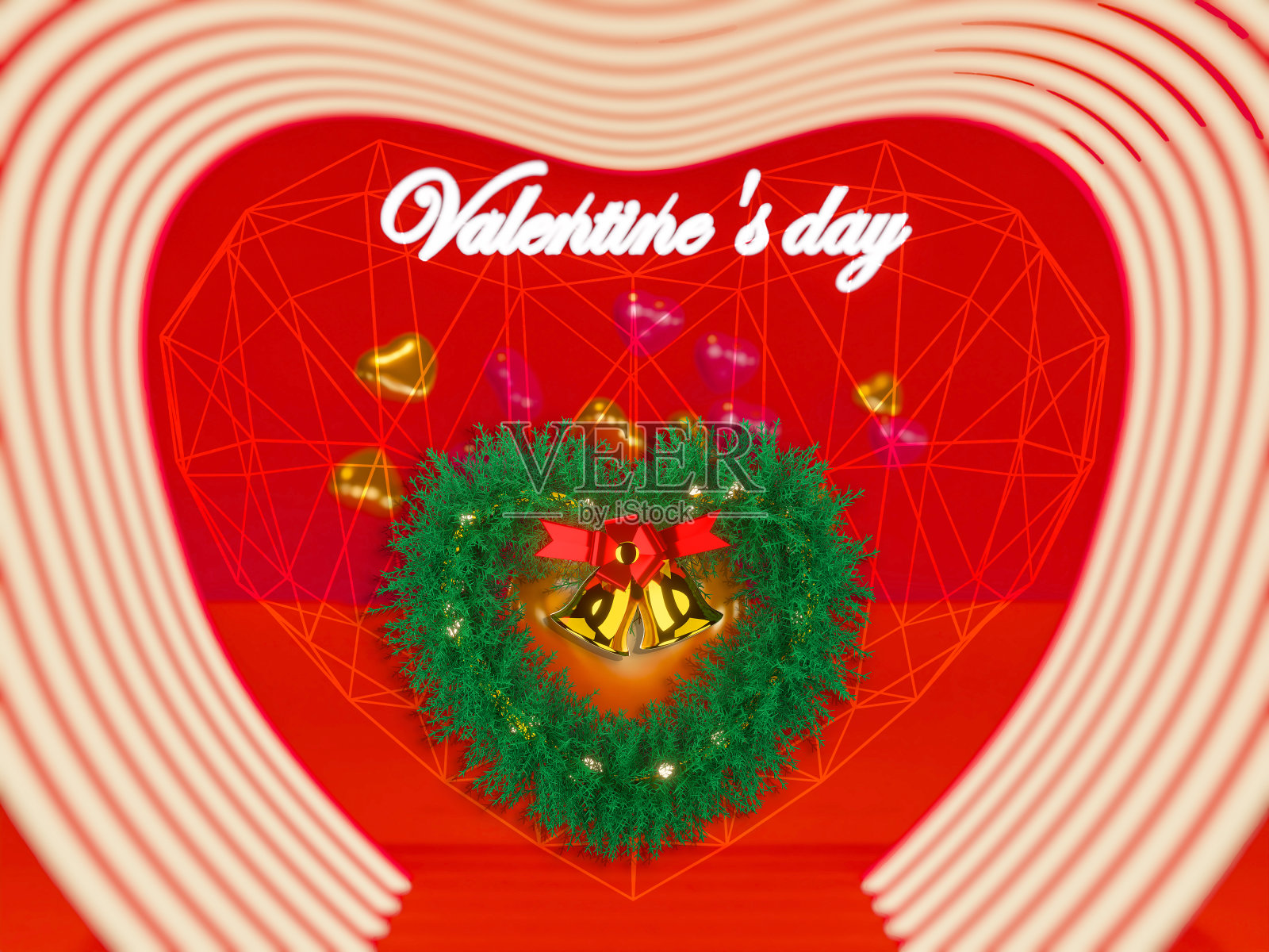 情人节快乐，三维渲染的红色和金色的心形气球，金色的金属形状和灯泡的红色背景。礼品卡，爱情派对，邀请券设计，海报模板。照片摄影图片