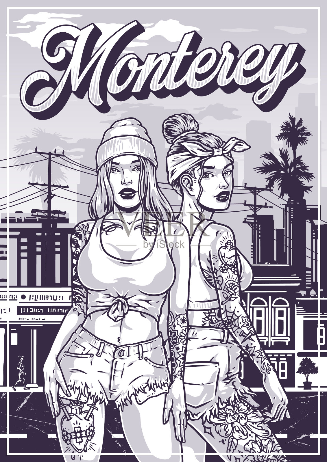 时髦可爱的女孩海报单色插画图片素材