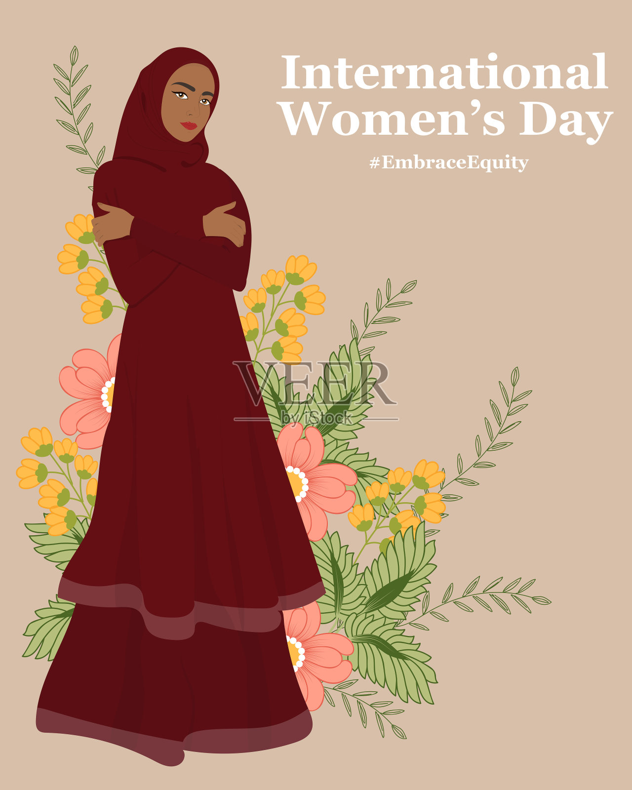 穆斯林女子拥抱自己插画图片素材