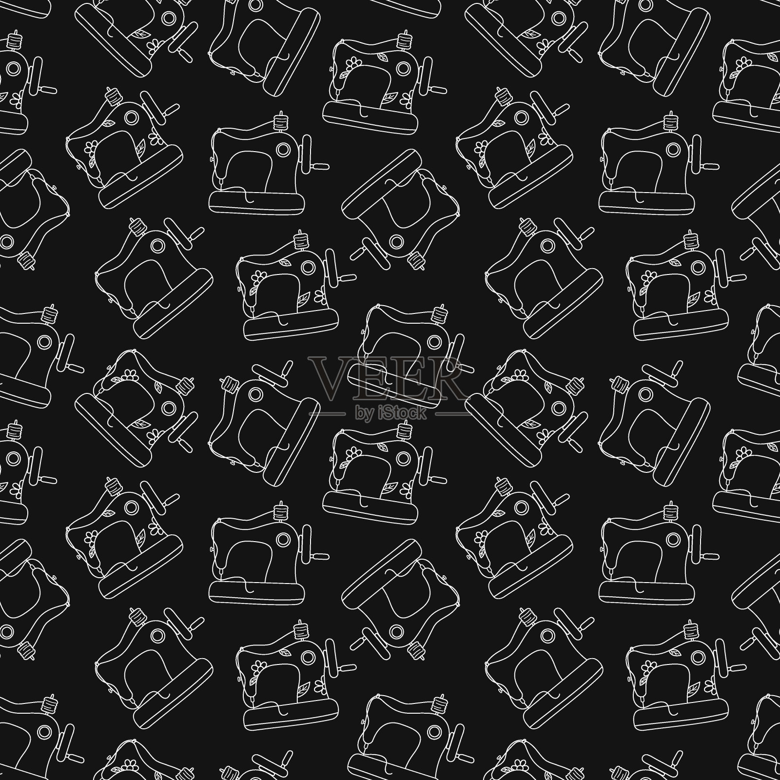 缝纫机上涂鸦的无缝图案。向量的背景。黑白两色。重复说明。轮廓缝纫设备插画图片素材