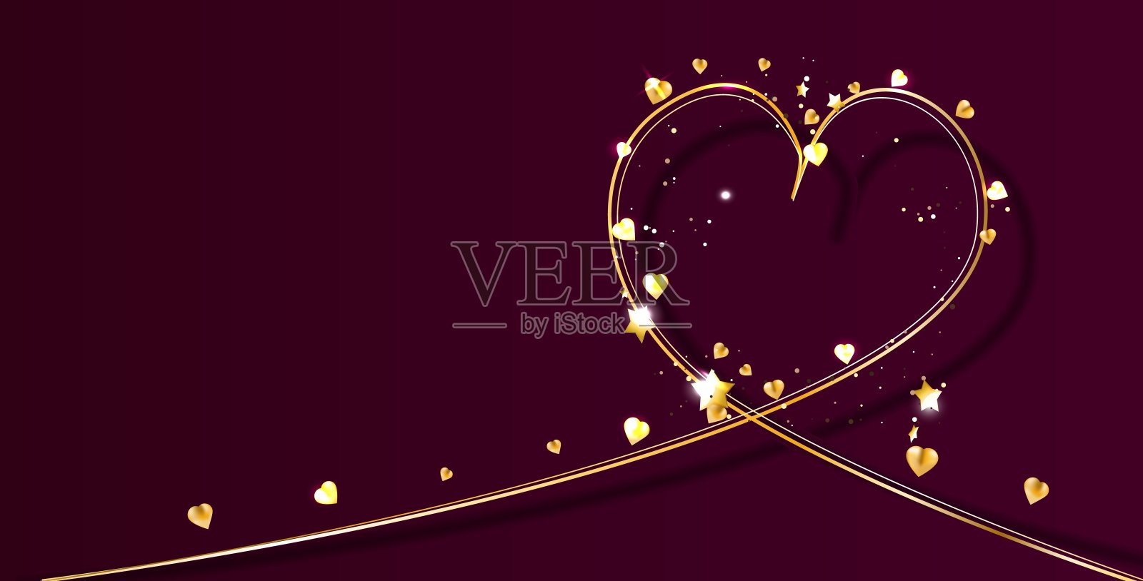 情人节快乐矢量贺卡。暗红色背景上的金色心形。插画图片素材