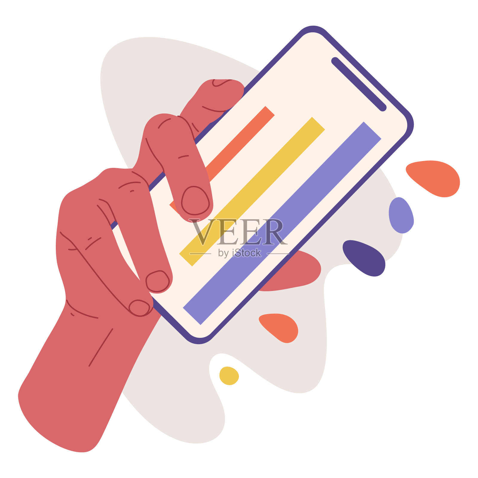 卡通女性手持智能手机。手持手机，移动设备在手平面矢量插图上的白色背景插画图片素材