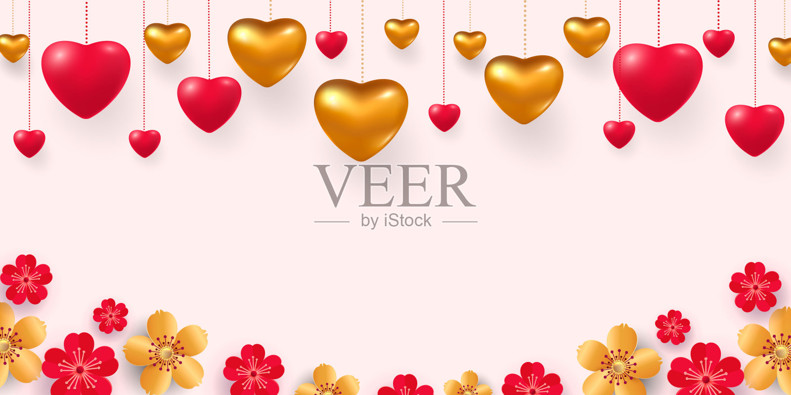 3d金属金和红心在明亮的红色背景。情人节或婚礼的装饰性爱情概念。销售旗帜。放置你的文本的地方。插画图片素材