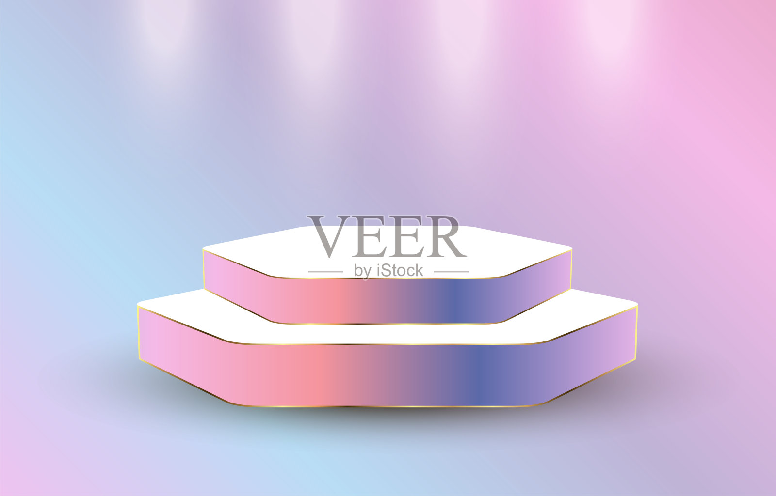 两层彩虹高级平台展示。产品展示阶段，品牌和包装展示概念。演播室舞台的彩虹背景插画图片素材