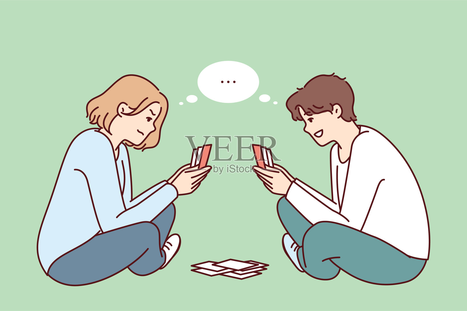 年轻的男人和女人坐在地板上打牌，思考下一步该做什么。矢量图插画图片素材