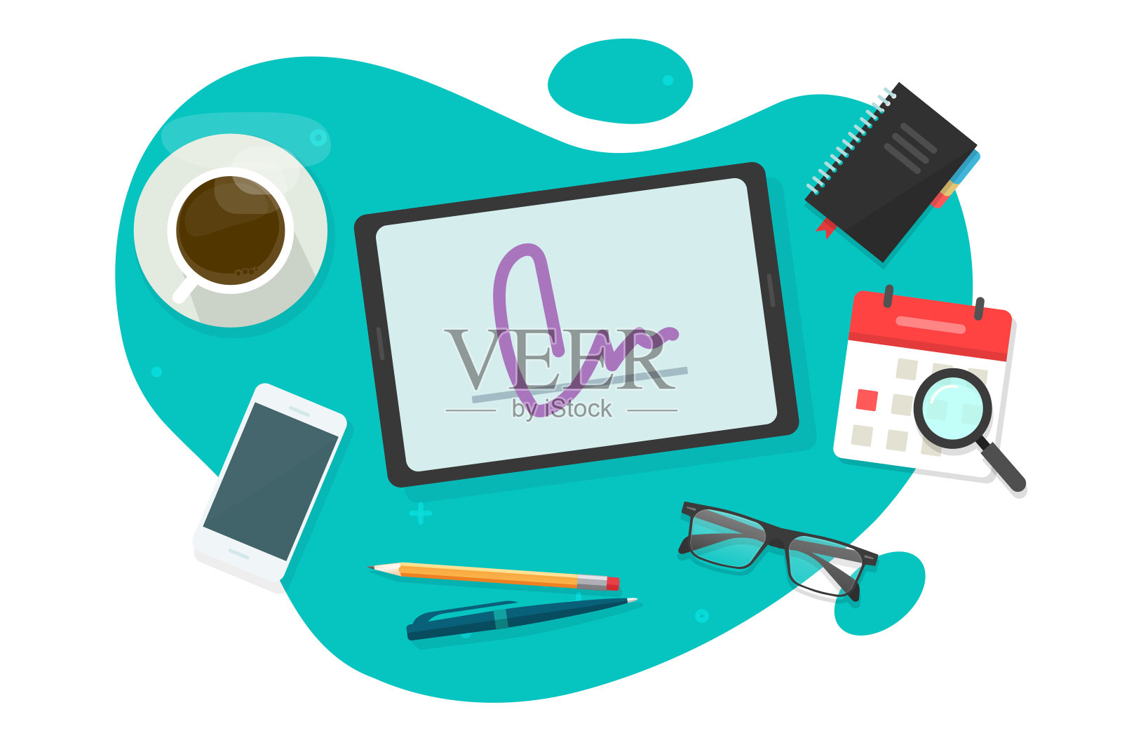 数字签名电子服务办公桌桌面上方顶视图矢量，网络签名合同交易或成功互联网合作伙伴在线签名应用程序在平板电脑设备技术形象插画图片素材