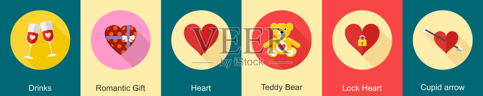 一套6个情人节图标作为饮料，浪漫的礼物，心插画图片素材
