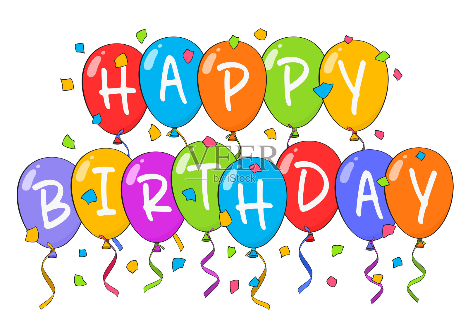 用彩色气球和五彩纸屑写生日快乐的字母。卡通。矢量图插画图片素材