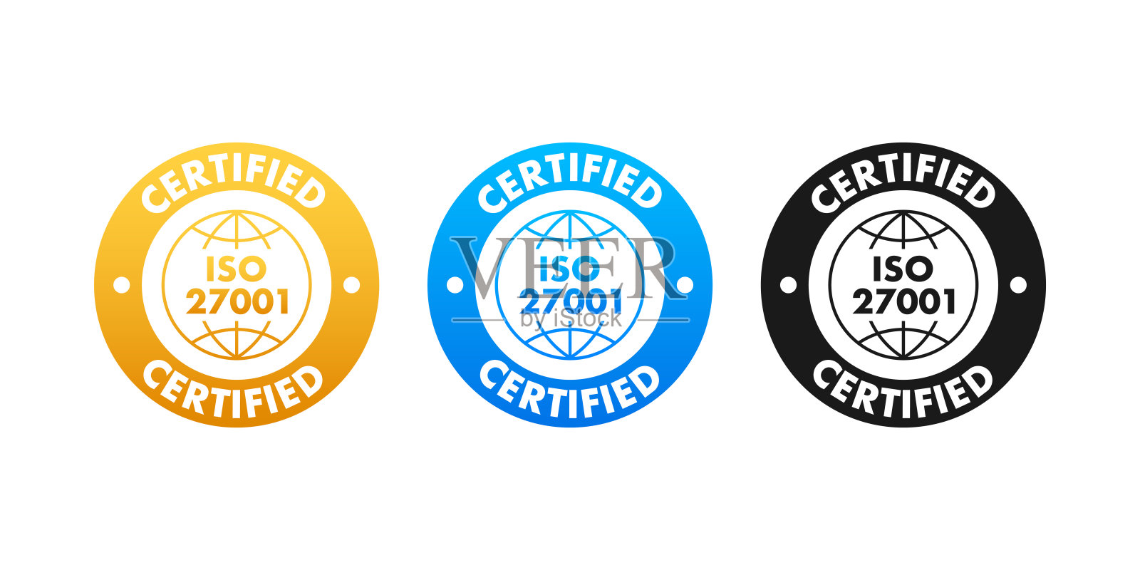 ISO 27001认证徽章，图标。认证盖章。平面设计矢量插图。设计元素图片