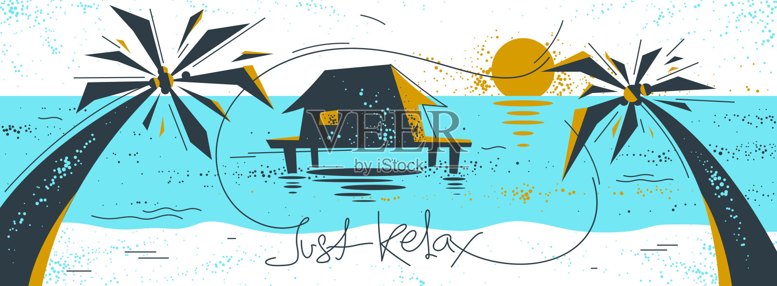 夏季热带海滩与棕榈树和房子度假和假期矢量插图，放松和休息，旅行和旅游，海洋日落。插画图片素材