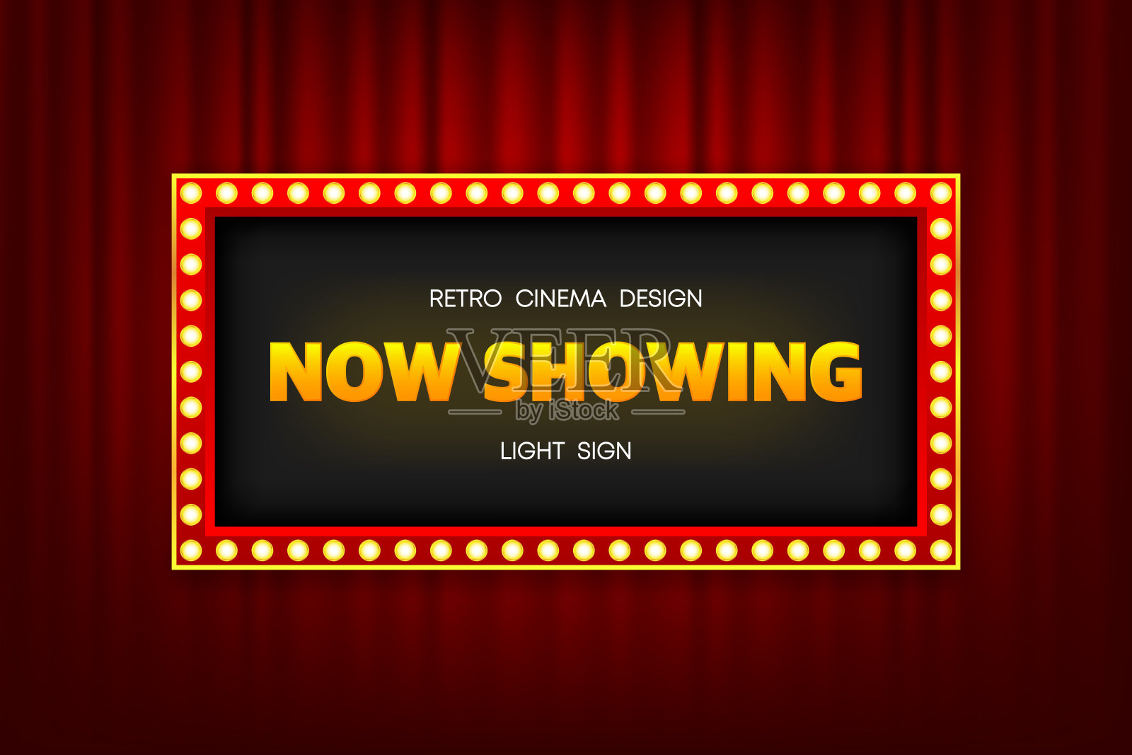 现在显示在复古灯箱与灯泡在一个丝绸般的豪华窗帘舞台。复古剧院招牌模型。红色商业公告横幅。矢量插图。插画图片素材