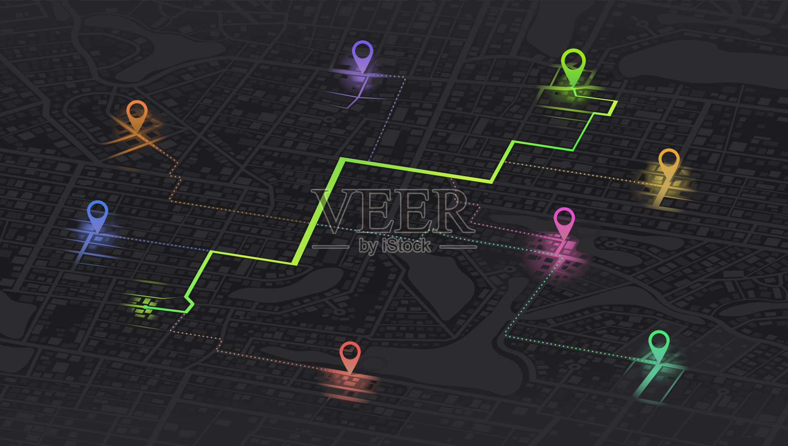 Gps地图导航到自己的房子。城市俯视图。从地图上俯瞰建筑。城市的详细视图。装饰性图形旅游地图。抽象的交通背景。向量,插图。插画图片素材