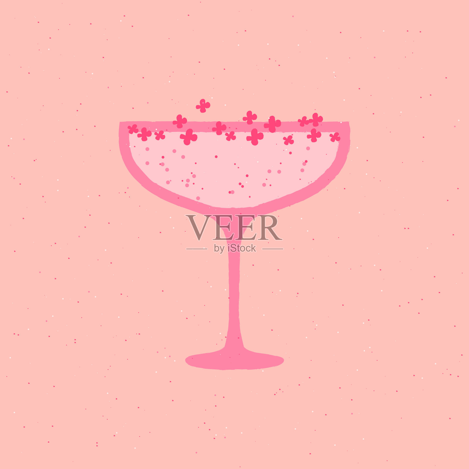 玫瑰香槟酒甜点杯与鲜花。平面矢量插图与纹理插画图片素材