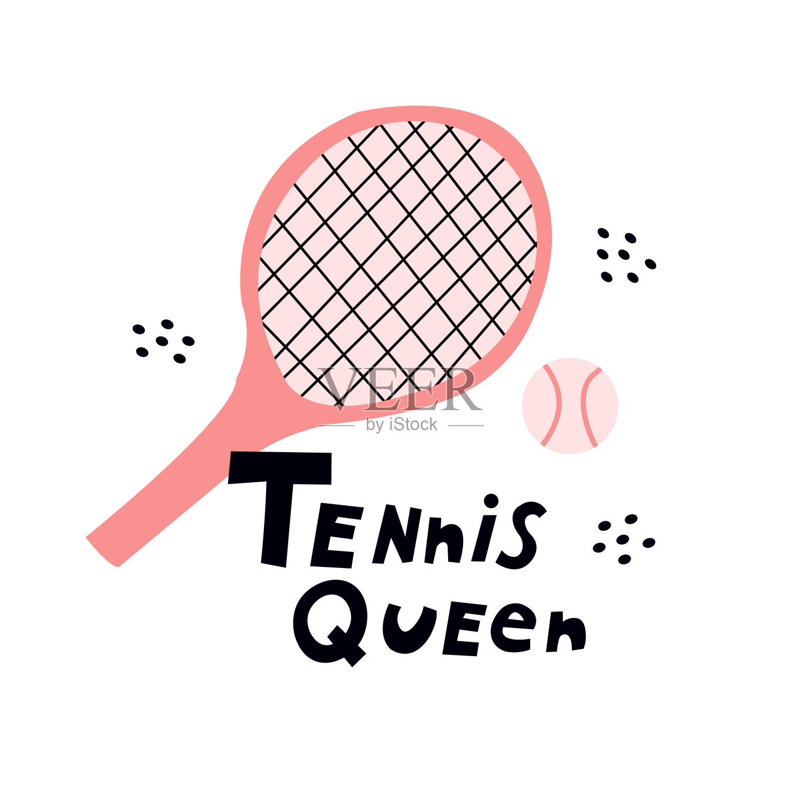 网球女王粉色网球拍和球涂鸦风格平面插图。插画图片素材