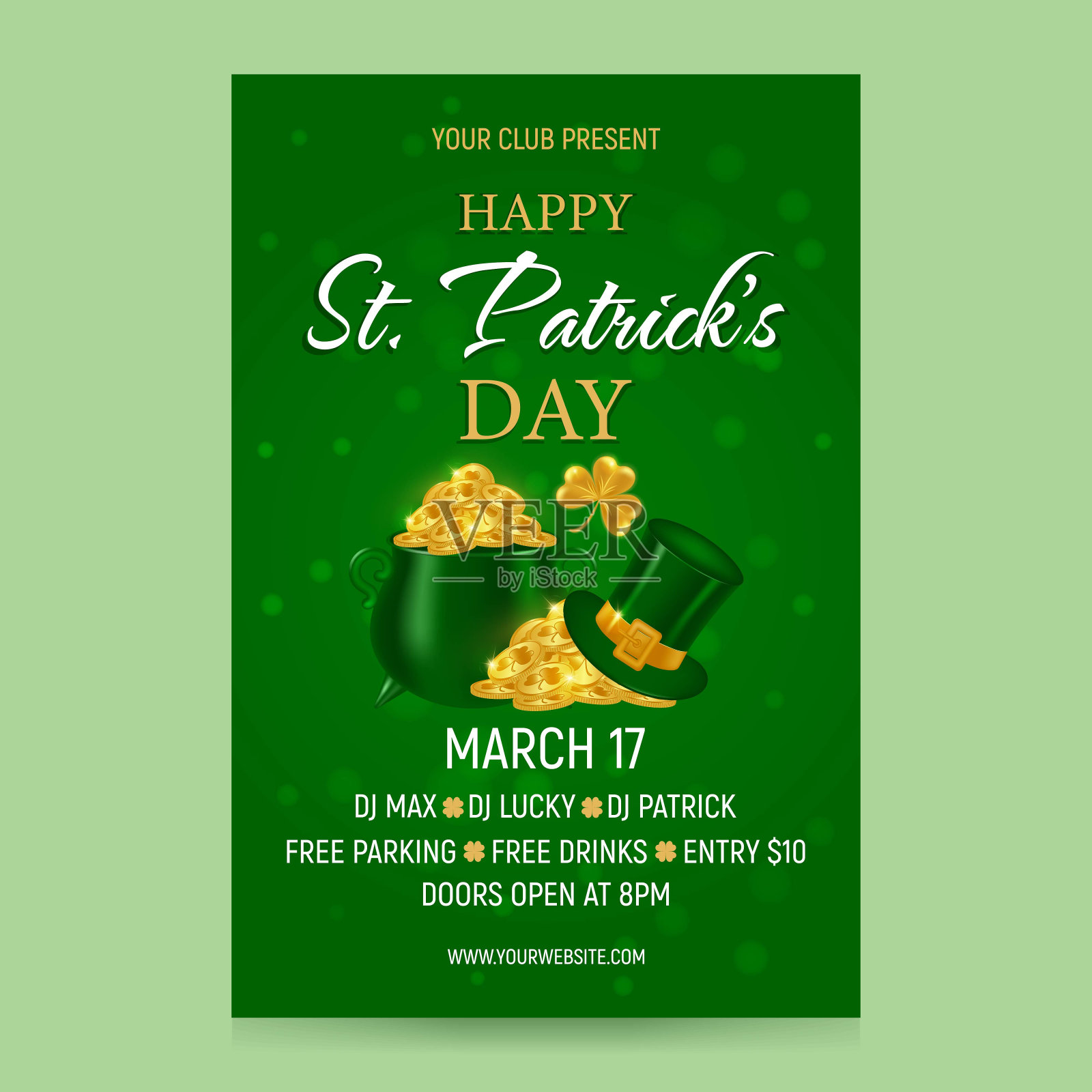 3月17日晚会邀请海报设计。圣帕特里克节的背景是满满一罐黄金和一堆硬币，绿色背景上有一顶小妖精帽子。矢量插图。设计模板素材