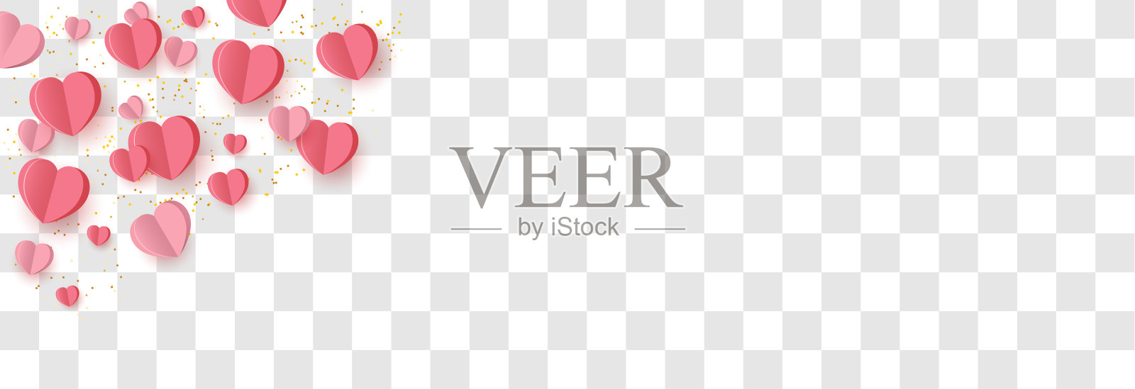 透明背景上有金色五彩纸屑的心形图案。粉色3d纸落下的心。情人节背景。情人节的装饰。心框架。插画图片素材