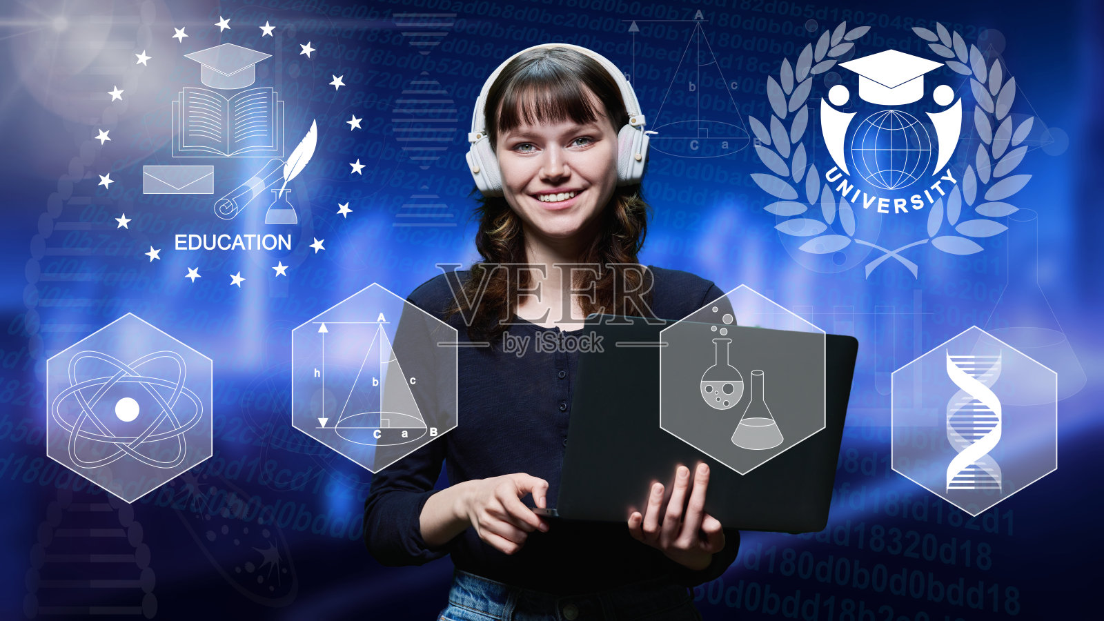 十几岁的学生女孩的肖像戴着耳机和笔记本电脑照片摄影图片