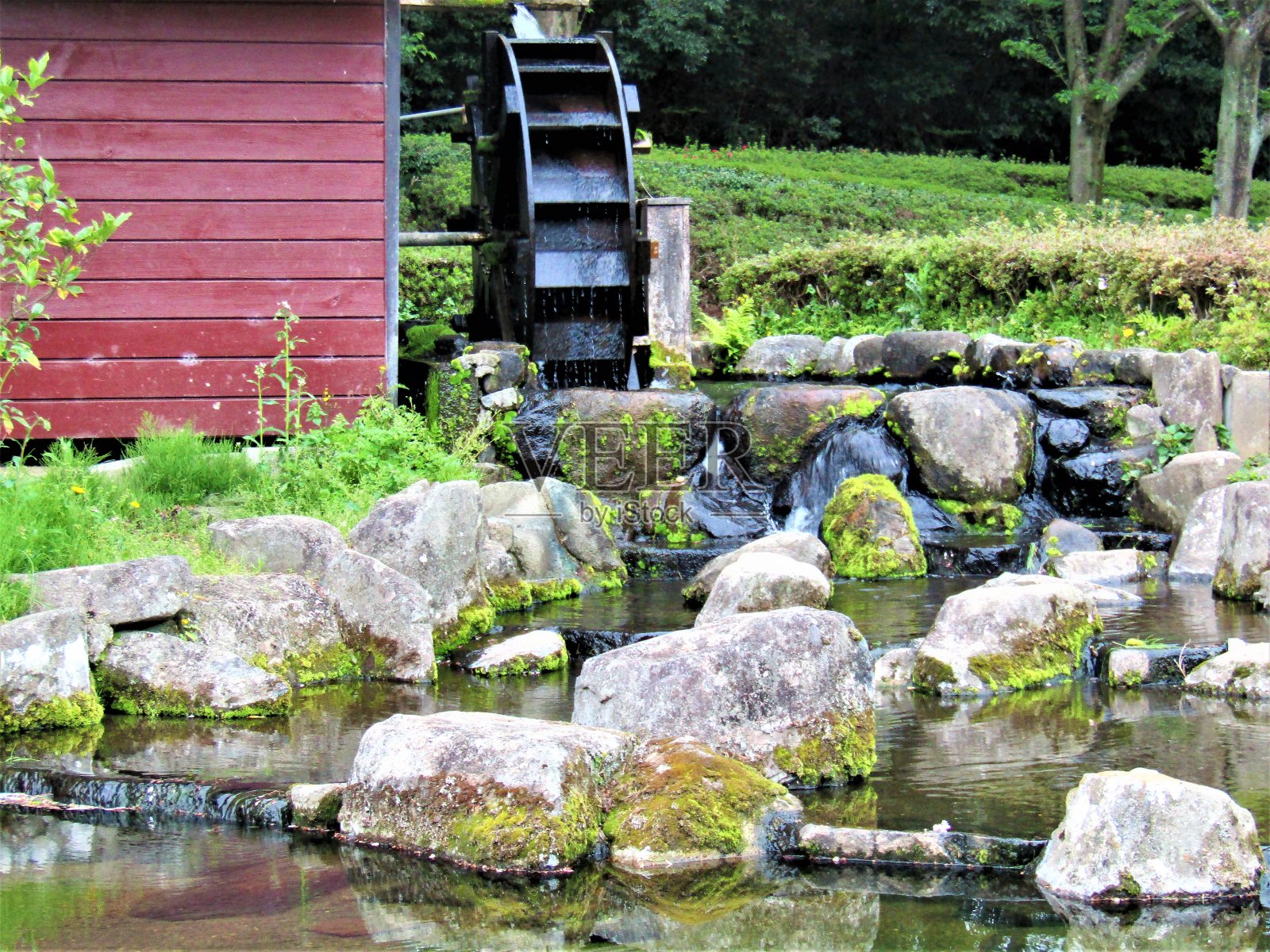 公园里的小水车。照片摄影图片