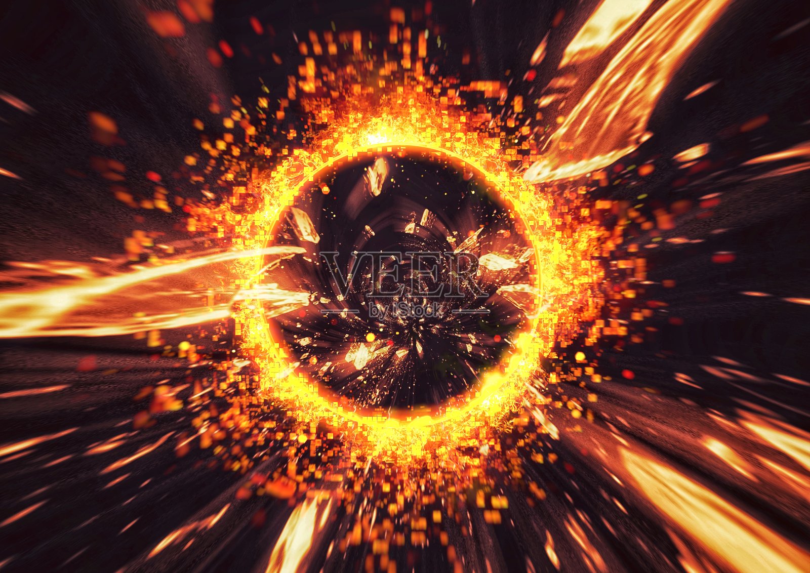 三维插图的一个环的火焰爆炸和散射碎片照片摄影图片