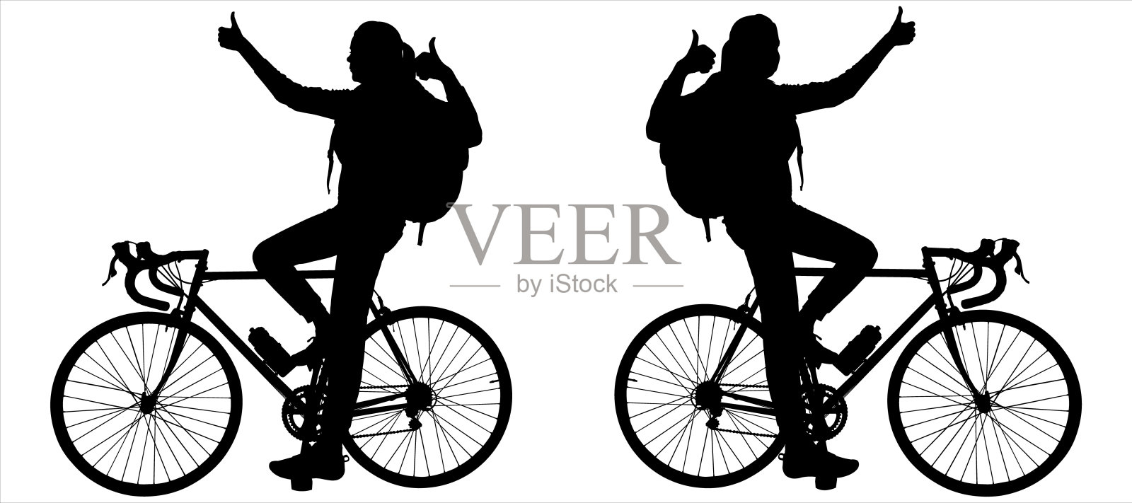 两名背着大型旅游背包的女子坐在自行车上，用手做着“喜欢”的手势。自行车上的女孩们高兴地举起了双手。侧视图。黑色的轮廓设计元素图片
