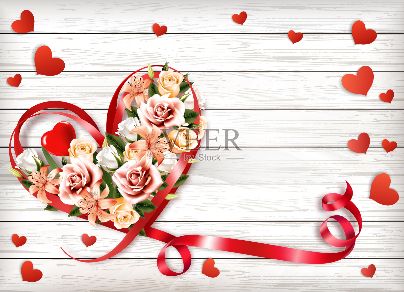 红纸心和彩色鲜花收集在一个木制标志上的心形。情人节的背景。矢量图插画图片素材