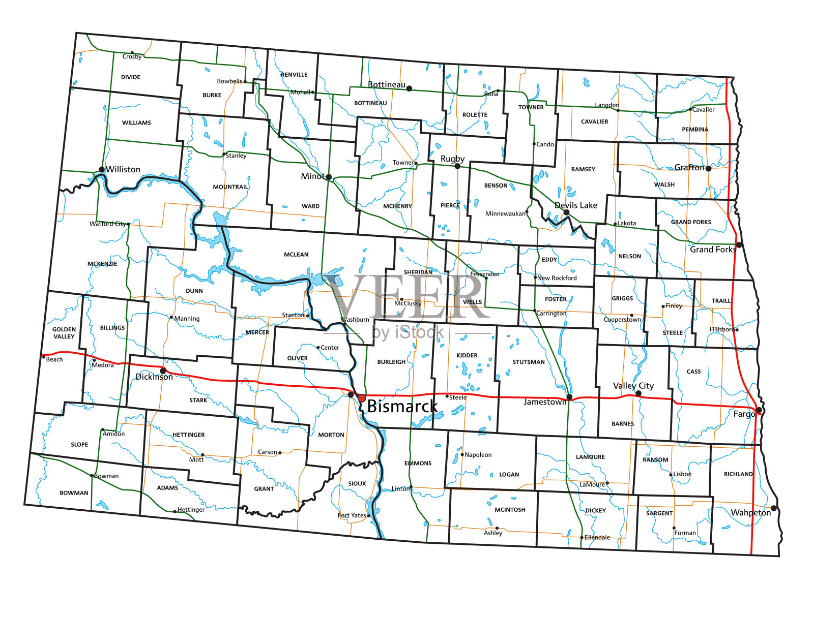 北达科他州公路和高速公路地图。矢量插图。插画图片素材