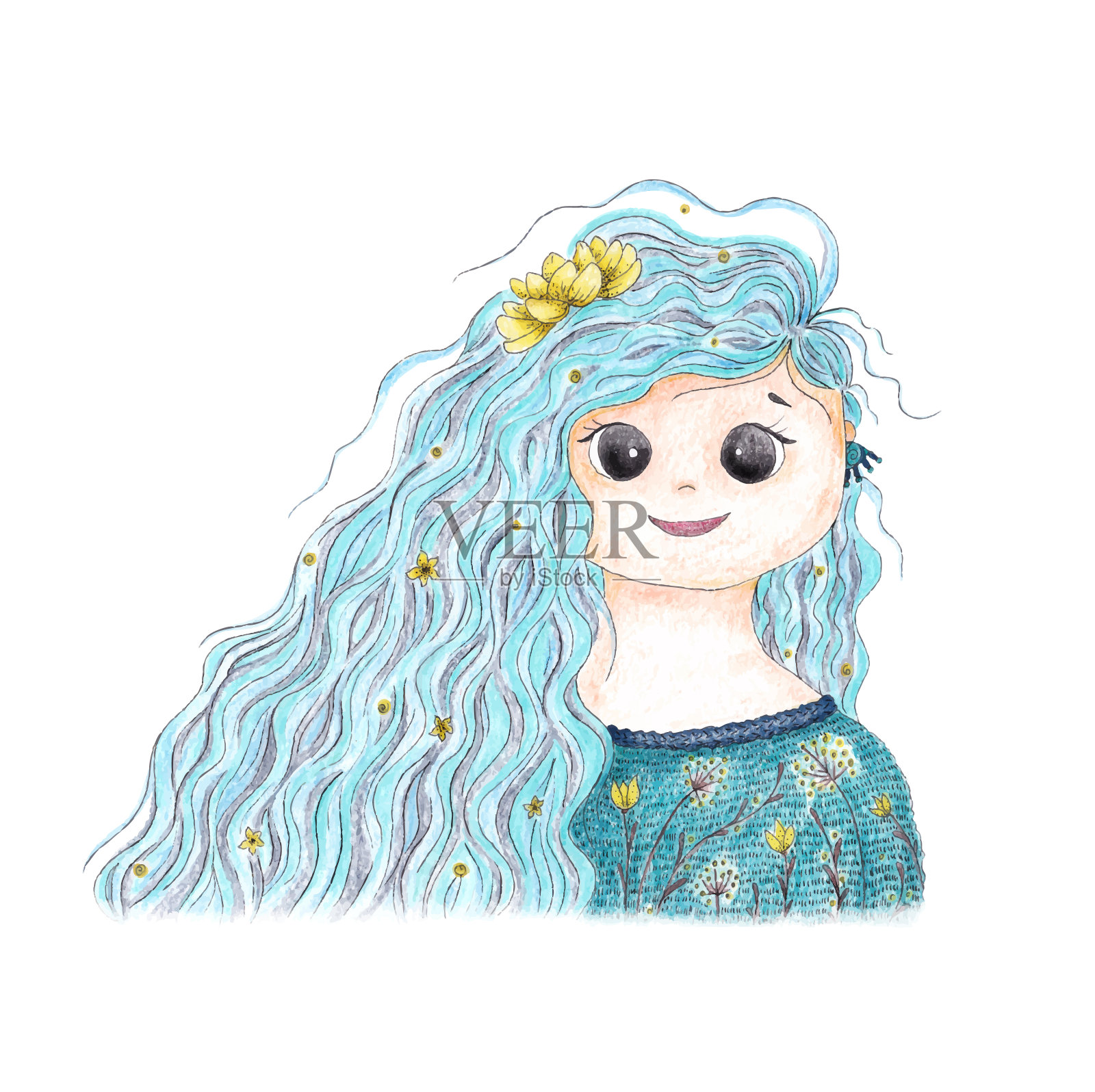 一个蓝头发，头上插着一朵莲花的女孩插画图片素材