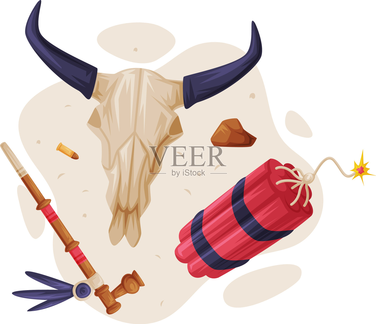 牛骷髅抽烟管和炸药就像狂野的西部设计元素图片