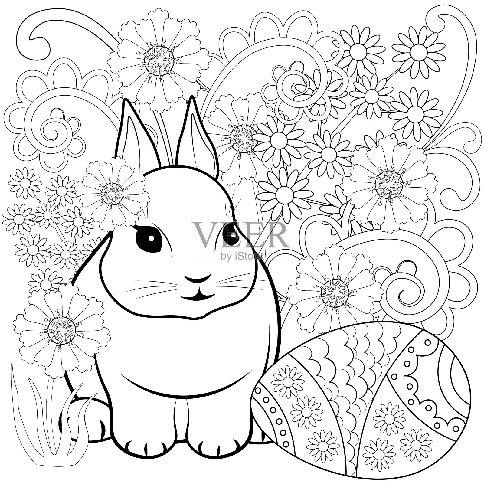 复活节彩蛋，鲜花，兔子，装饰品，白色背景。插画图片素材