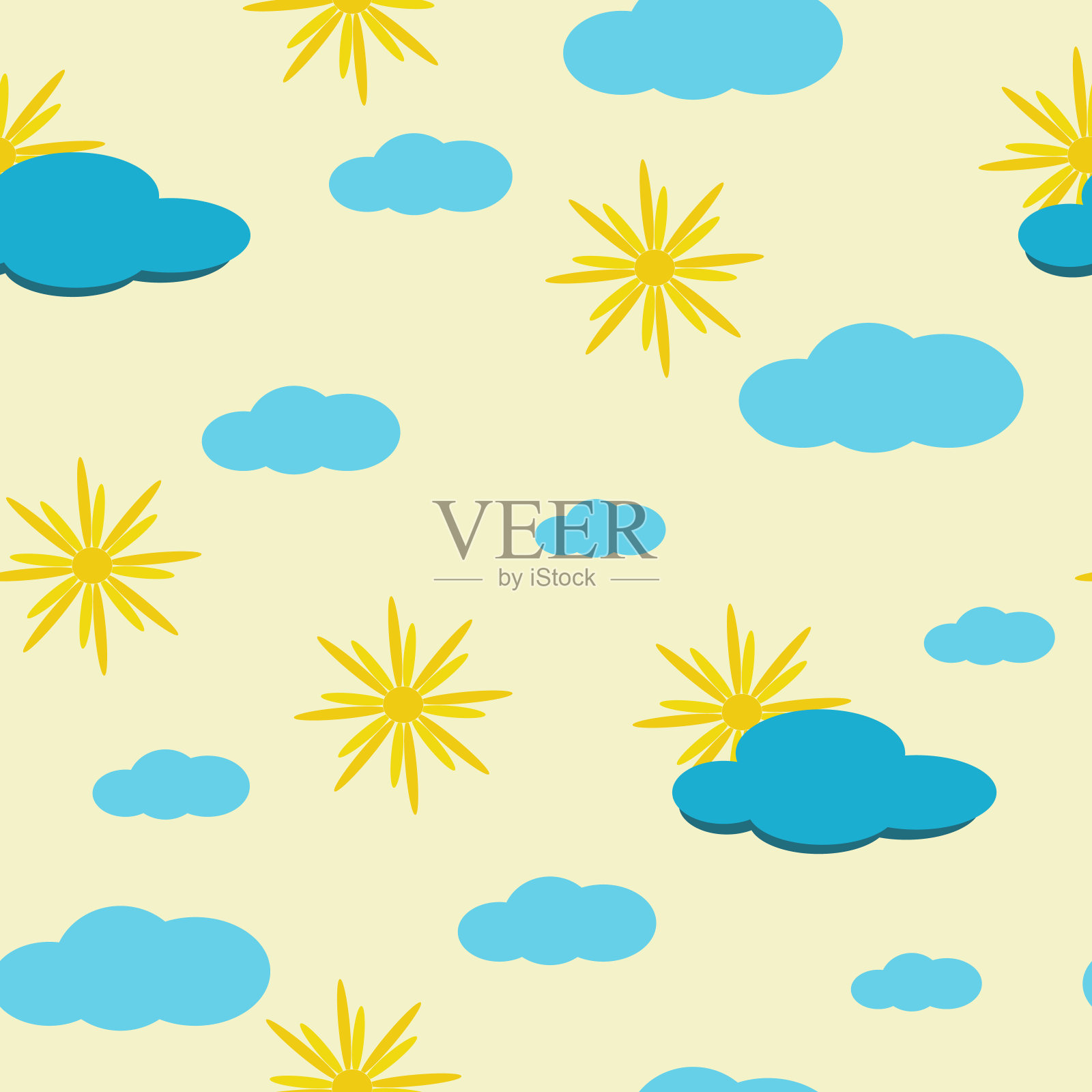 云层和太阳在明亮的背景上。无缝模式。孩子们的背景。向量插画图片素材
