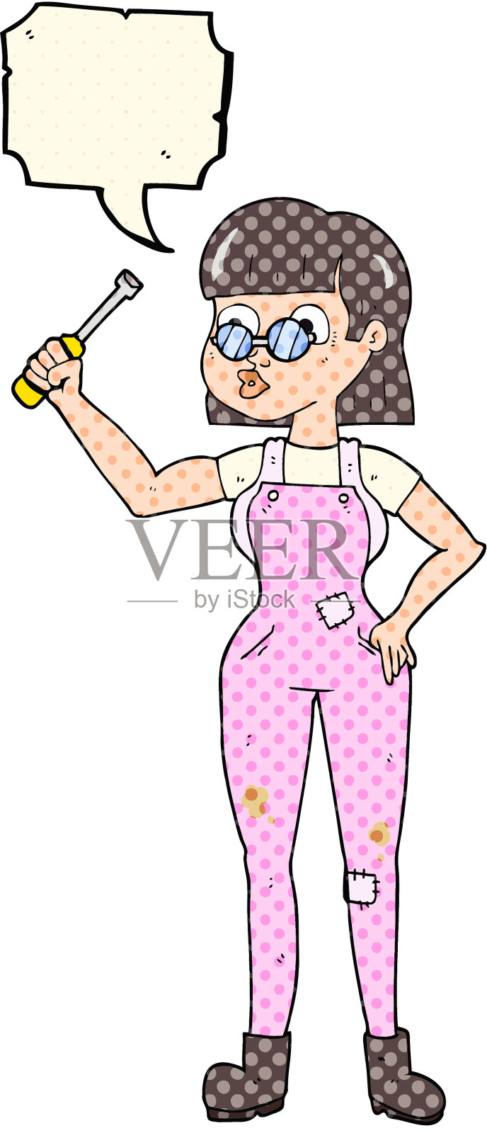 手绘漫画书演讲泡泡卡通女机械师插画图片素材