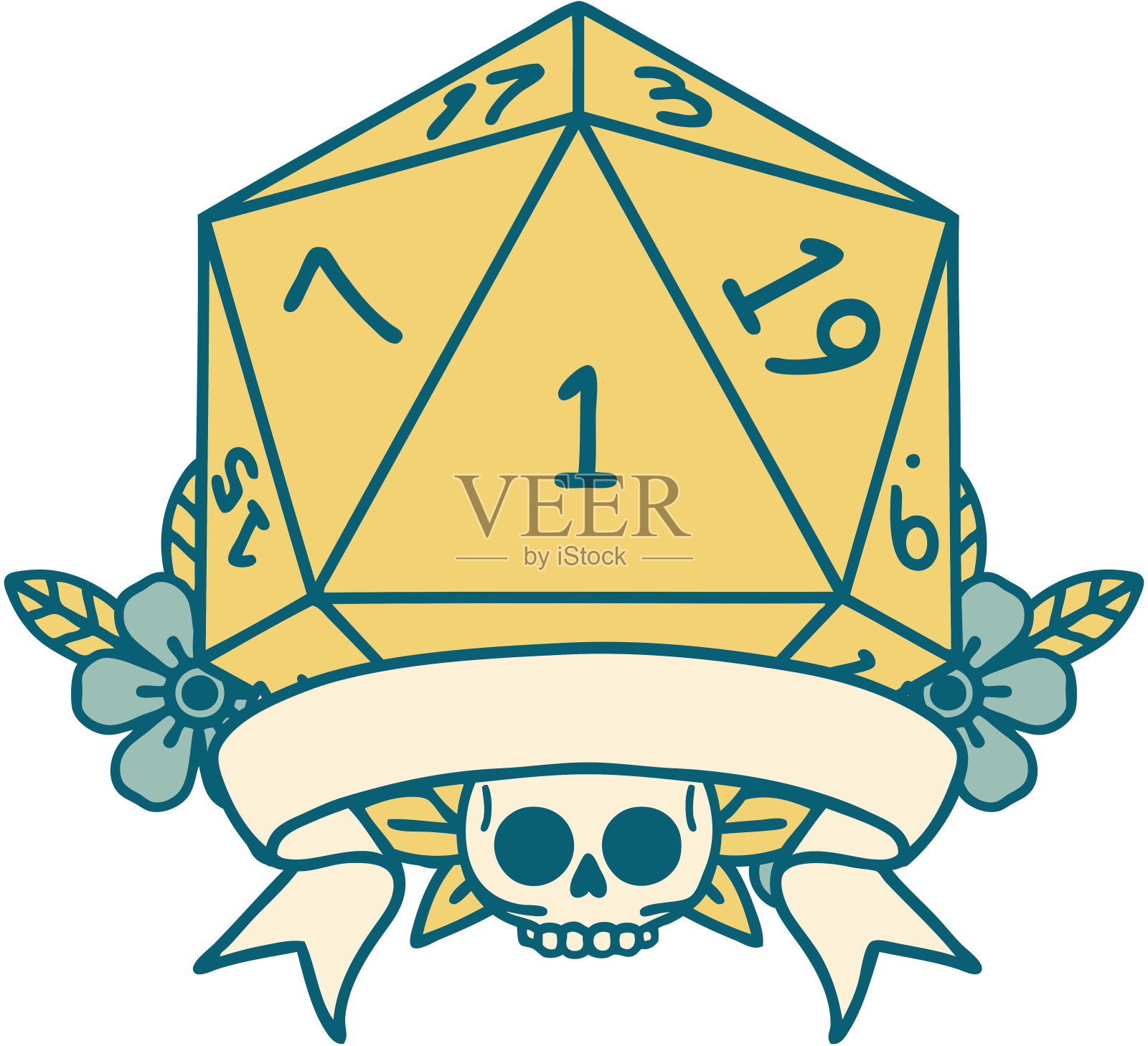 复古纹身风格自然一个d20骰子滚动插画图片素材