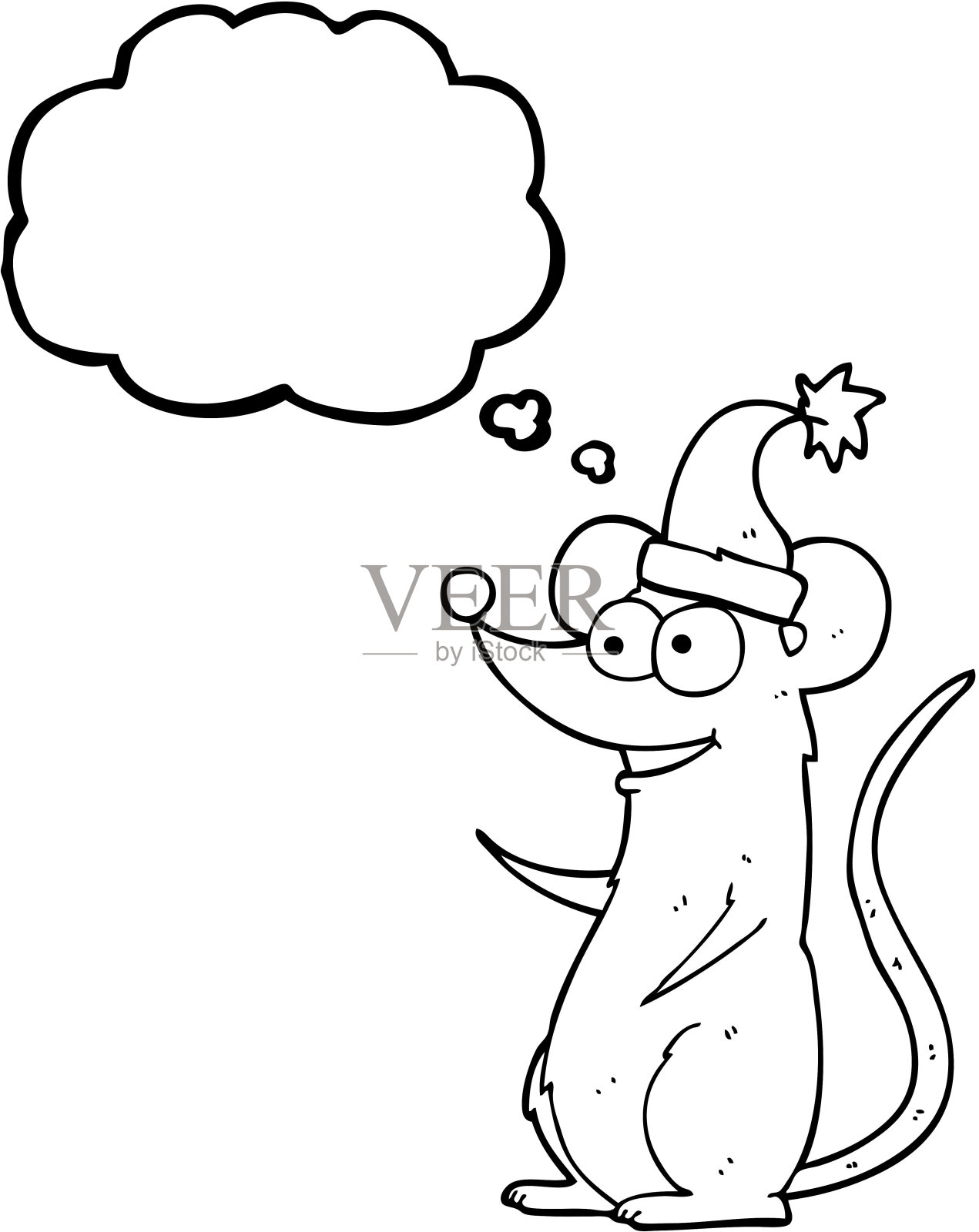 徒手画思想泡泡卡通老鼠戴圣诞帽插画图片素材