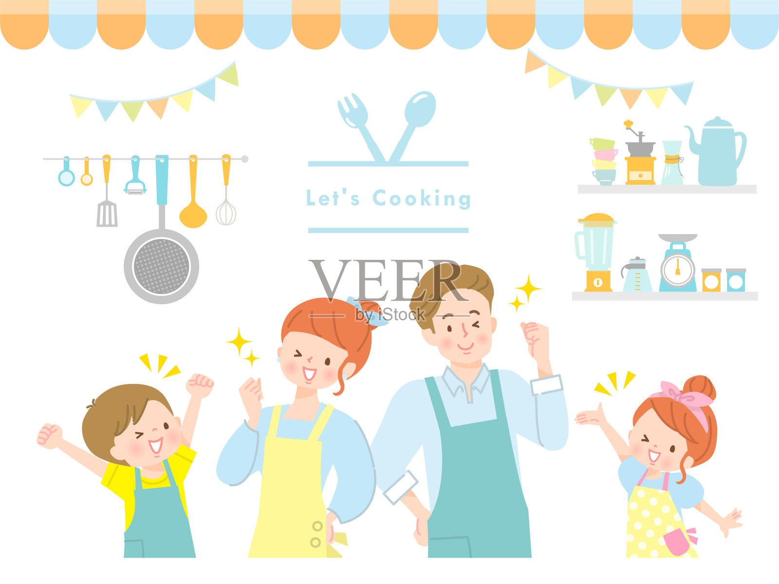 与家人一起愉快烹饪的图片说明插画图片素材