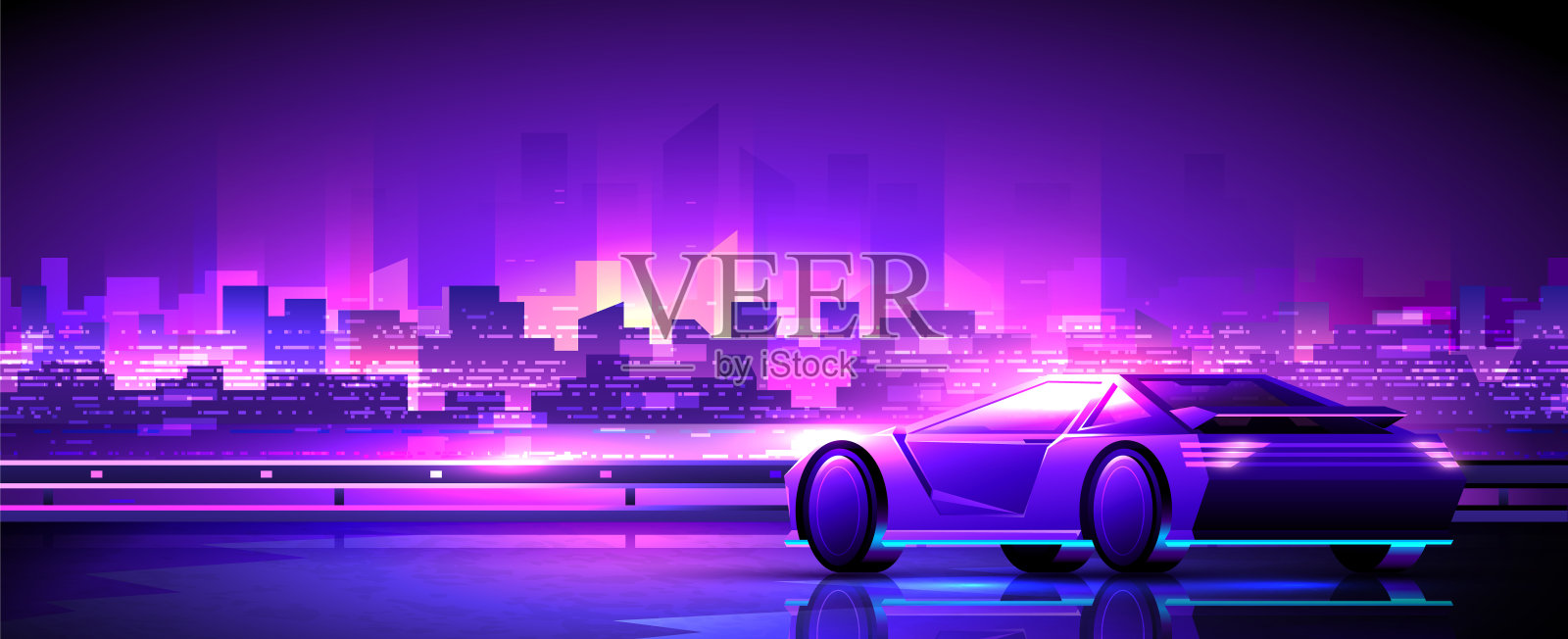 未来的霓虹灯超级跑车站在大都市的背景。插画图片素材