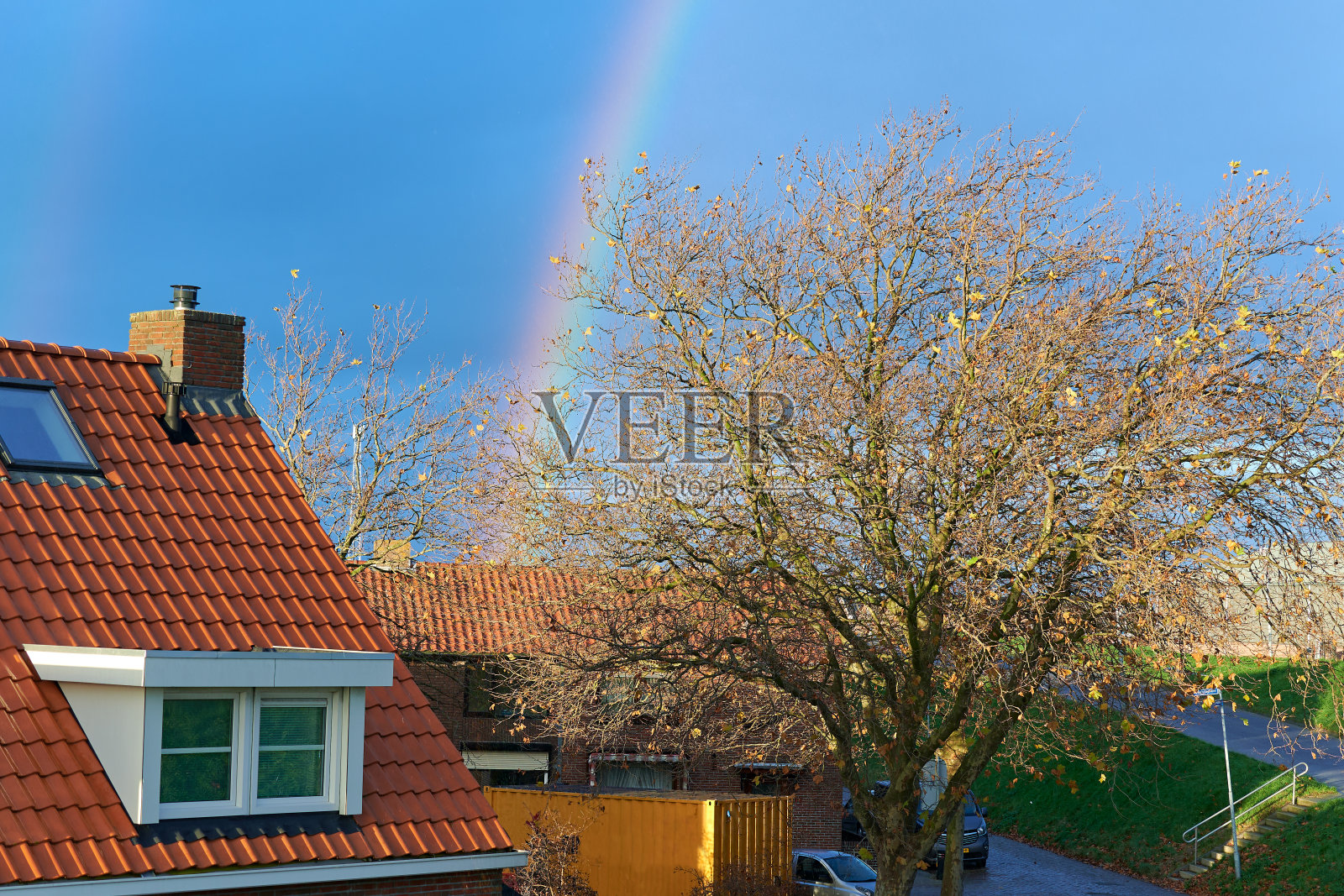 荷兰村庄屋顶上的彩虹照片摄影图片