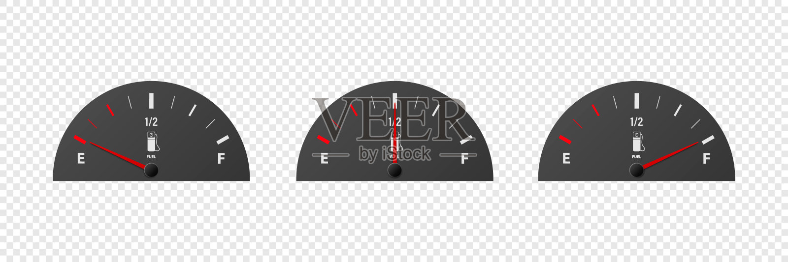 矢量三维现实气体燃油箱压力表，油位条设置隔离。满和空。显示板，燃油表面板，汽车仪表盘细节。燃料指示器，燃气表，传感器。设计模板插画图片素材