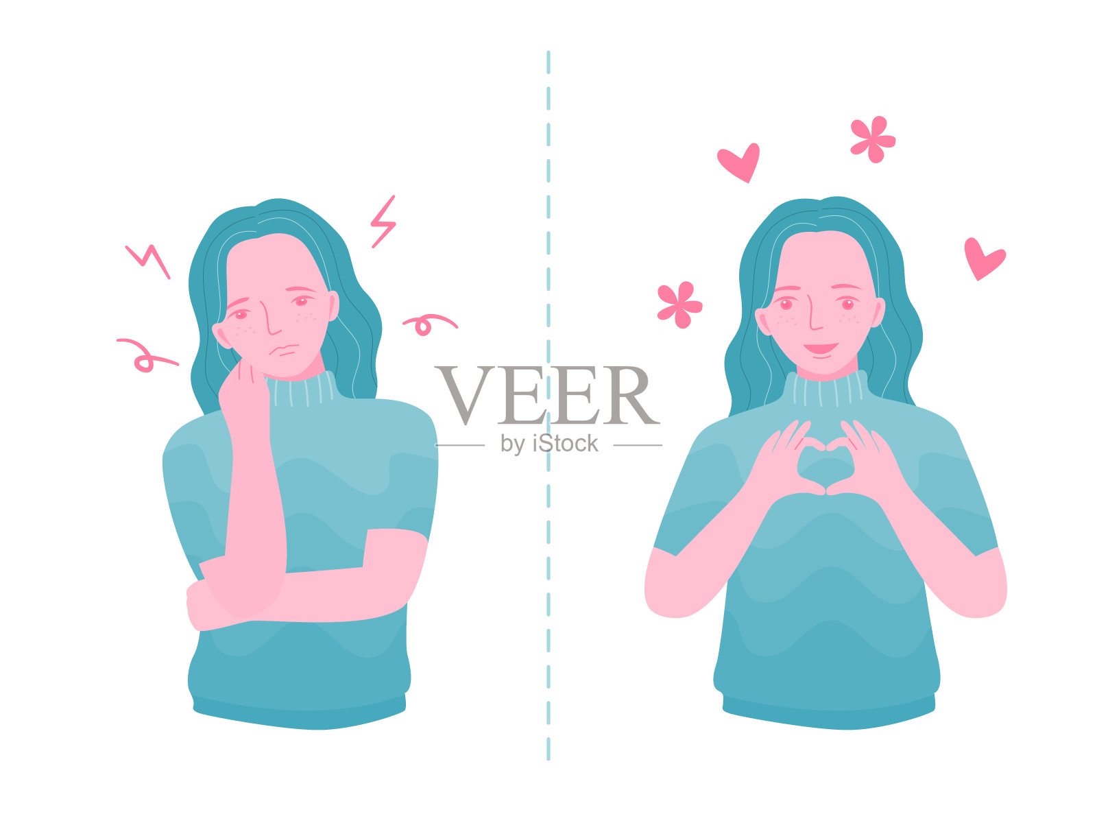 两个情感上截然相反的女人肖像。悲伤和快乐的女人，平面矢量插图。插画图片素材