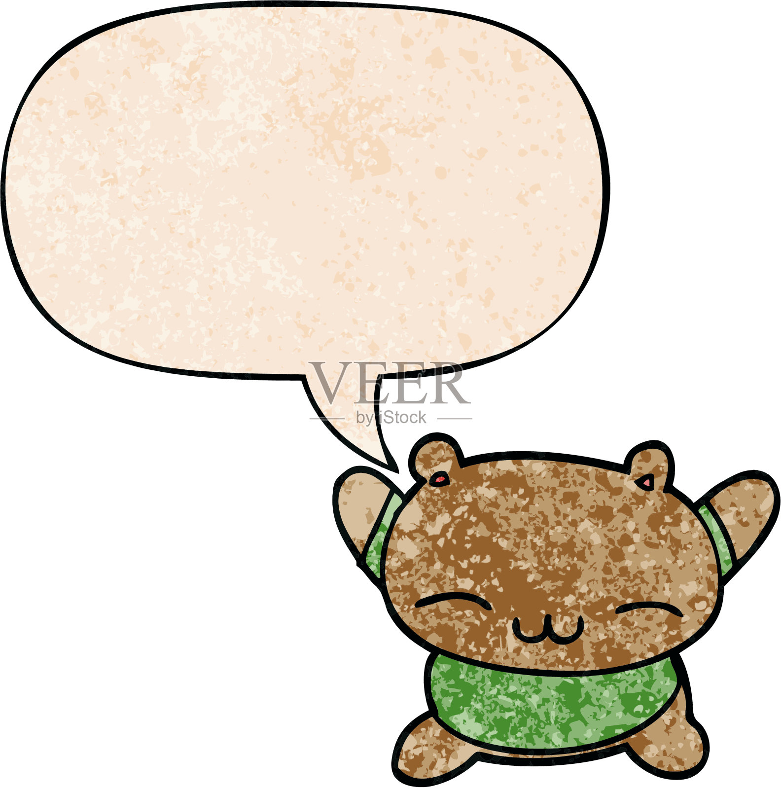 卡通跳跃熊与语音泡泡在复古纹理风格插画图片素材