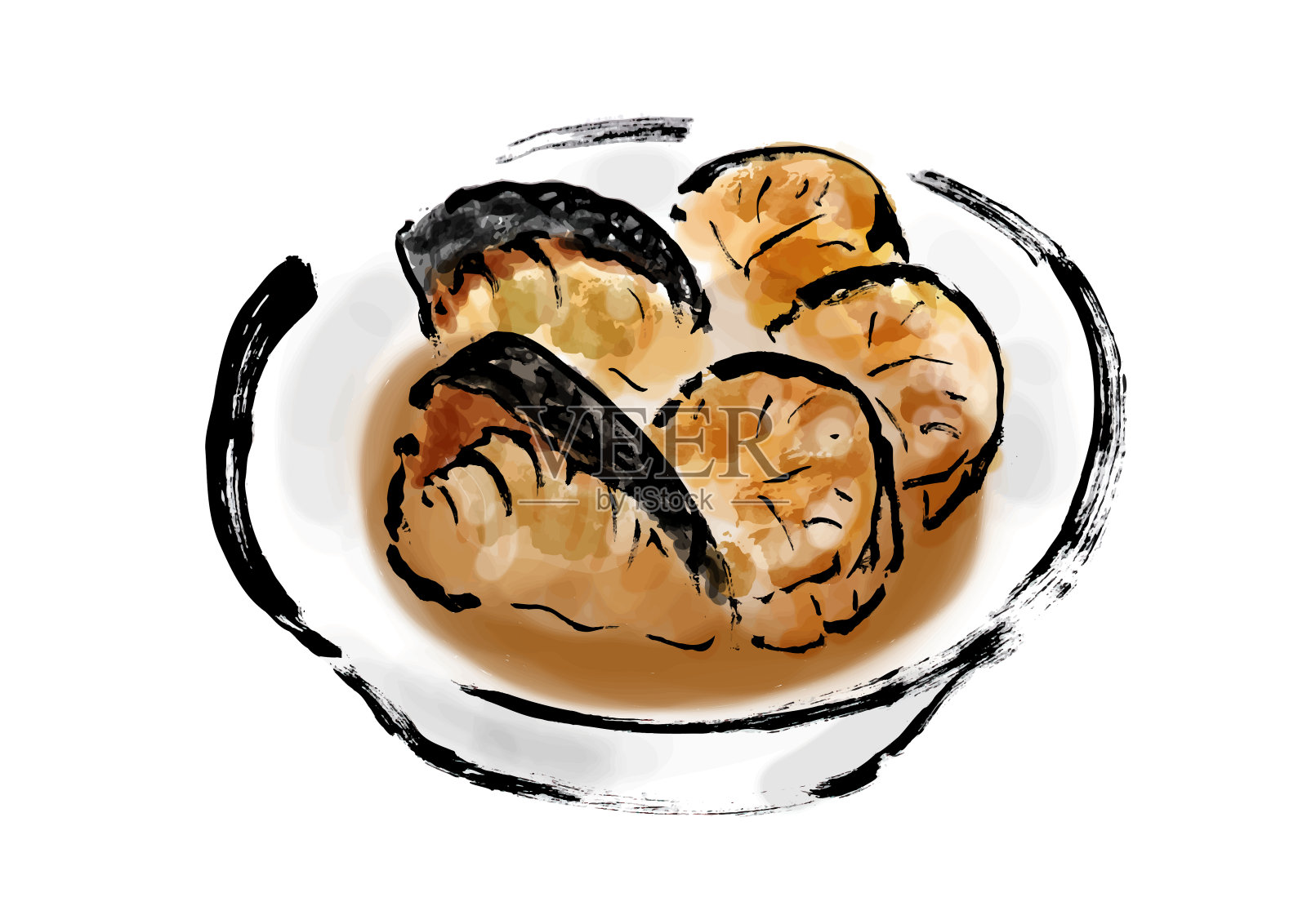 手绘日本风格的插图炖黄尾和萝卜插画图片素材