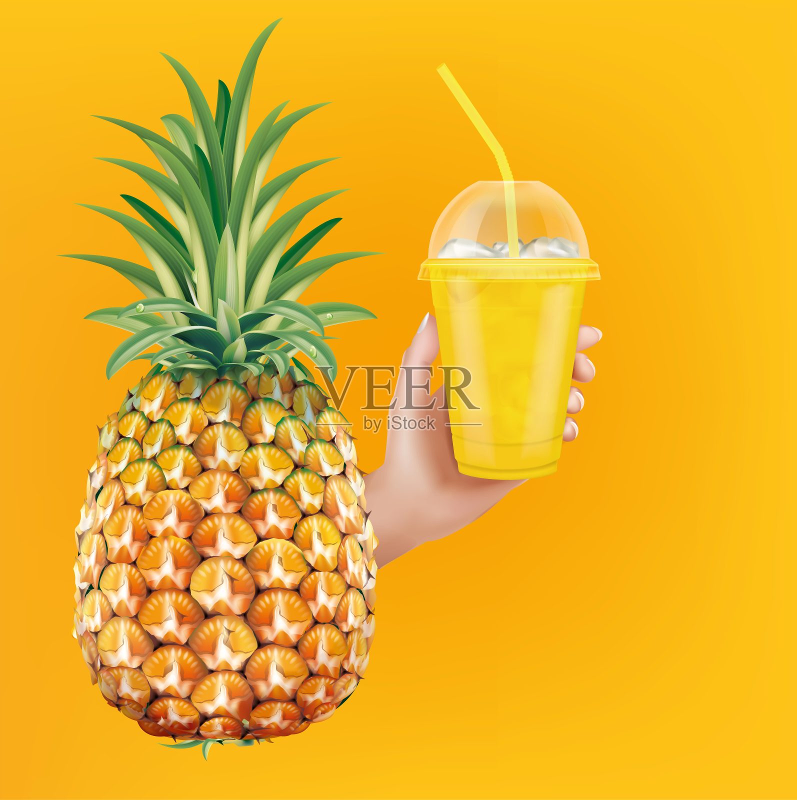 菠萝，一只手拿着一杯菠萝汁插画图片素材