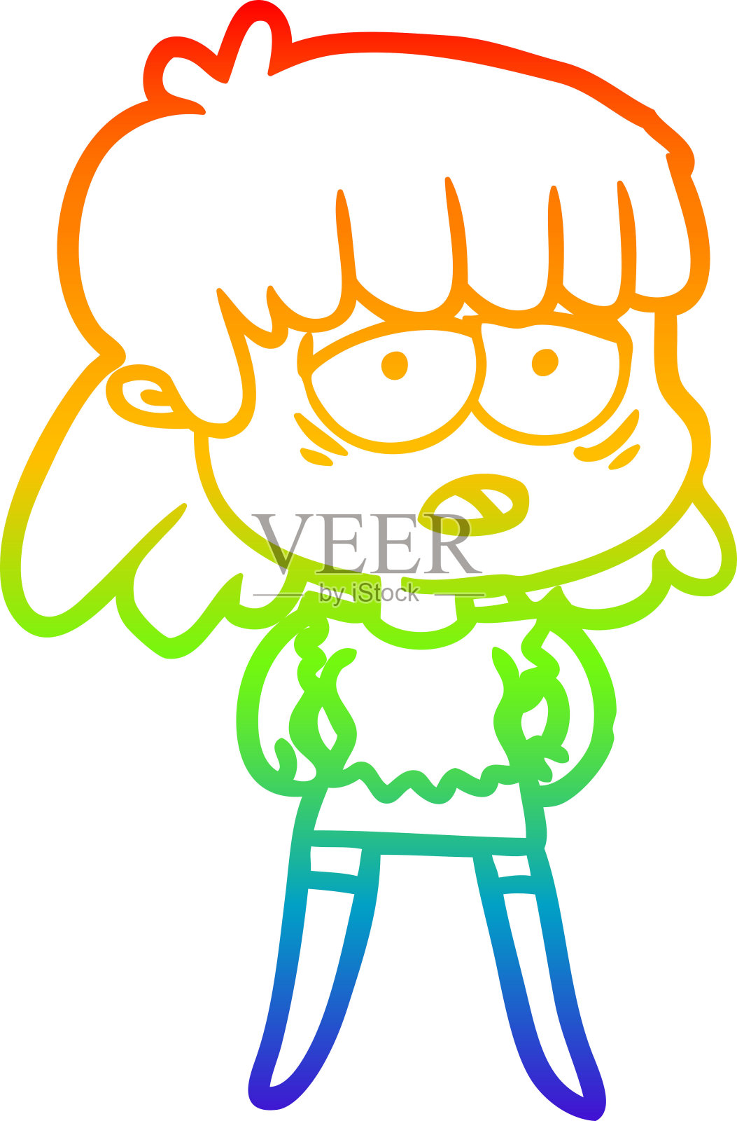 彩虹渐变线画一个卡通疲倦的女人插画图片素材